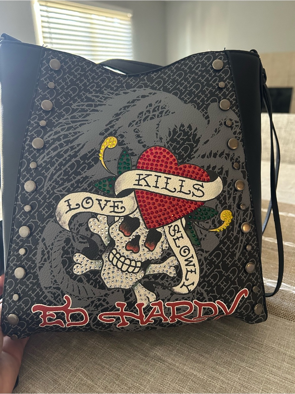 Ed Hardy Black Crossbody Shoulder Bag with Red Heart & Stud Detailing